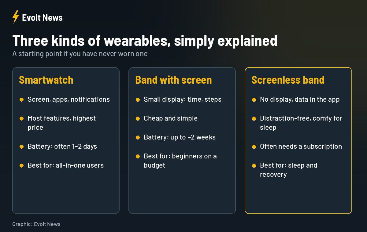 Smartwatch vs band with screen vs screenless fitness tracker compared